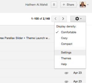 واجهة بريد Gmail - زر الإعدادات
